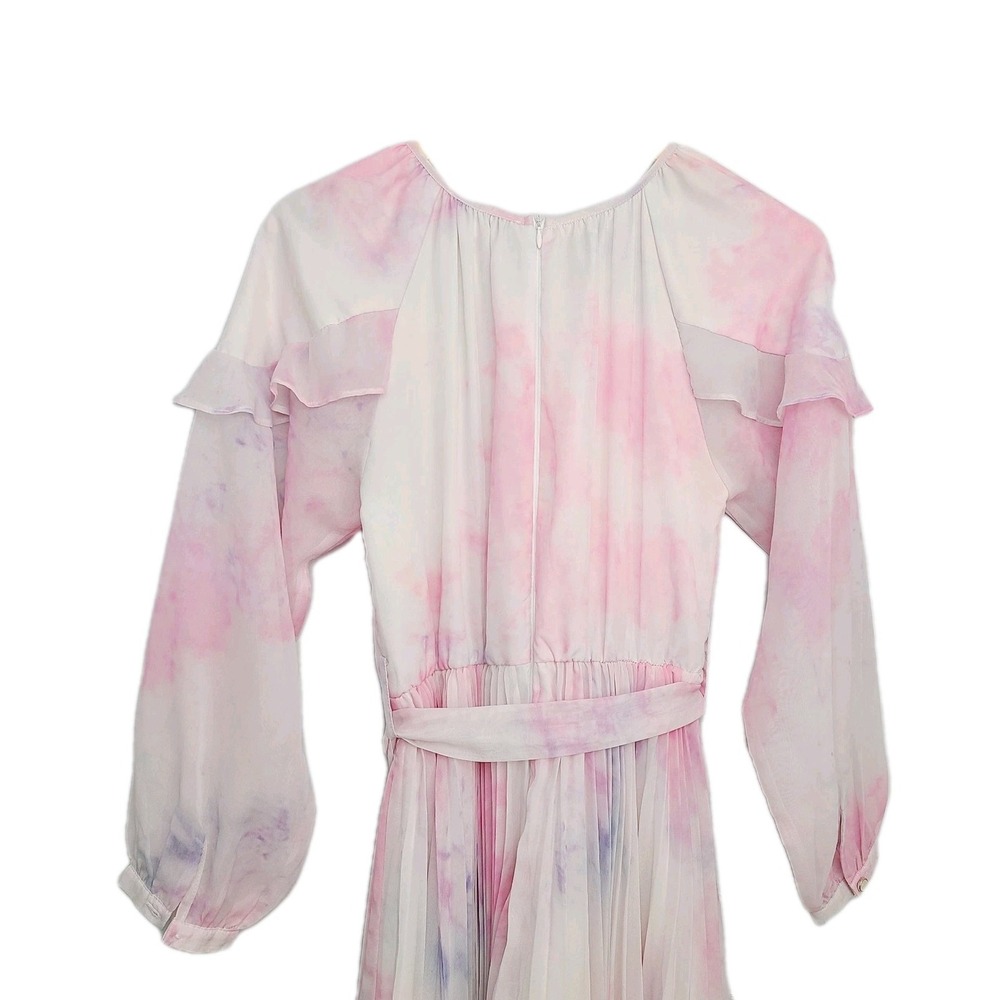 Ivy City Co Lovers Dress S Pink White Chiffon Pleated‎ Long Sleeve Ruffle Midi - Picture 6 of 11